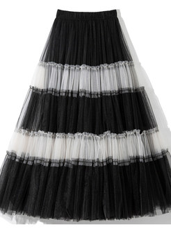 Mesh Contrasting Striped Long Skirts For Women