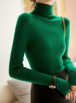 High Neck Solid Color Wool Blend Tight Knit Jumper For Women