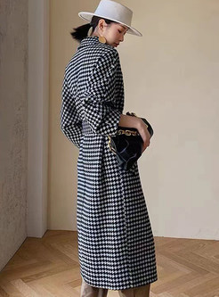 Vintage Large Lapels Houndstooth Tie Waist Double-Breasted Women's Coats