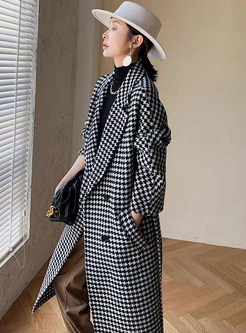 Vintage Large Lapels Houndstooth Tie Waist Double-Breasted Women's Coats