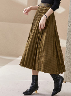 Vintage Elastic Waist Jacquard Big Hem Mid Length Skirts For Women