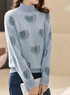 Mockneck Pearl Decoration Sweaters For Women