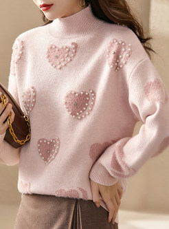 Mockneck Pearl Decoration Sweaters For Women