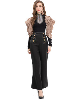Fashion Mockneck Puff Sleeve Top & Metal Button Drape Flare Pants For Women