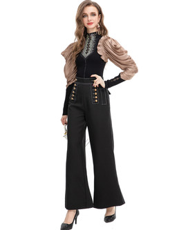 Fashion Mockneck Puff Sleeve Top & Metal Button Drape Flare Pants For Women