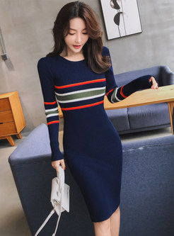Elegant Crewneck Striped Ribbed Bodycon Knitted Dresses