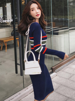 Elegant Crewneck Striped Ribbed Bodycon Knitted Dresses
