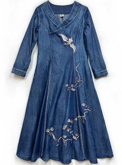 V-Neck Embroidered Long Sleeve Denim Midi Dresses