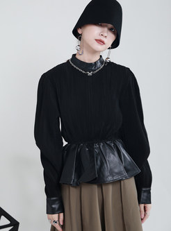 Vintage Lantern Sleeve Mockneck PU Patch Dressy Tops For Women