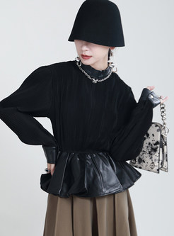 Vintage Lantern Sleeve Mockneck PU Patch Dressy Tops For Women