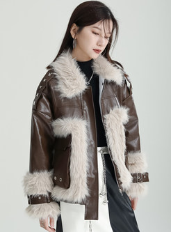 Exclusive Fur Collar PU Cropped Chunky Shearling Coats Womens