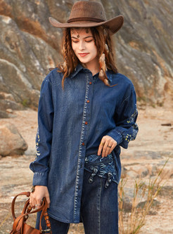 Basic Embroidered Single-Breasted Denim Ladies Blouses