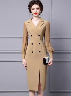 Chic Notched Collar Double-Breasted Lantern Sleeve Pencil Dresses