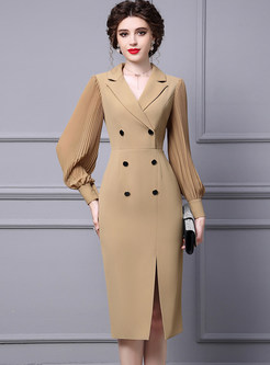 Chic Notched Collar Double-Breasted Lantern Sleeve Pencil Dresses