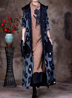 Vintage Print Hooded Wool Blend Womens Long Coats