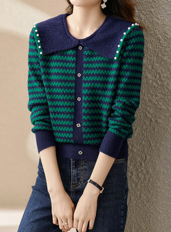 Lapel Striped Pearl Decoration Sweaters For Women