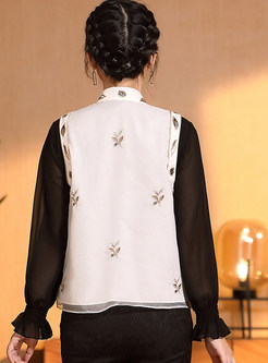Mockneck Embroidered Single-Breasted Vests Womens