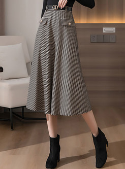 Elegant High Waisted Houndstooth Midi Skirts For Women