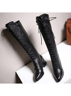 Vintage Lace-Up Fastening Block Heels Mid Calf Boots For Women