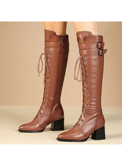 Heavyweight Block Heel Lace-Up Fastening Mid Calf Boots For Women