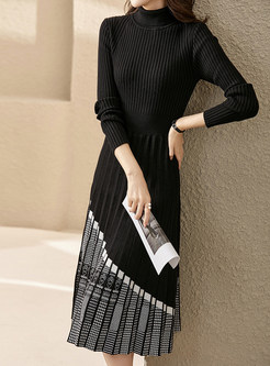 High Neck Patchwork Pleated Knitted Dresses