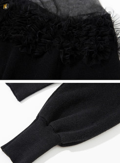 Mesh V-Neck Fur-Trimmed Open Front Knitted