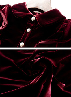 Shirt Collar Distored Selvedge Solid Color Velvet A-Line Dresses