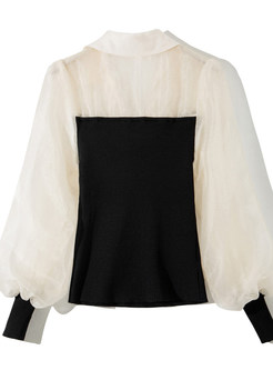 Shirt Collar Bow-Embellished Contrasting Women Tops