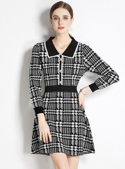 Premium-Fabric Turn-Down Collar Houndstooth Knitted Dresses