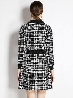 Premium-Fabric Turn-Down Collar Houndstooth Knitted Dresses