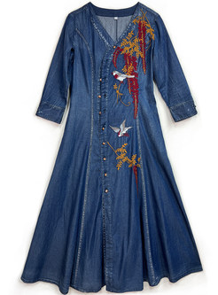 V-Neck Embroidered Split Big Hem Denim Dresses