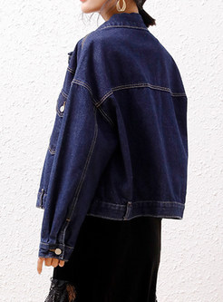 Turn-Down Collar Open Front Cropped Denim Jackets For Women