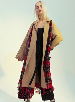 Turn-Down Collar Plaid Patch Trench Coats Women