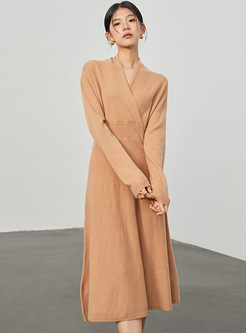 Elegant Wool V-Neck Comfort Knitted Dresses