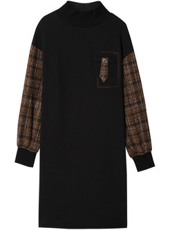 Relaxed Mockneck Plaid Patch Shift Dresses