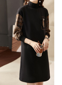 Relaxed Mockneck Plaid Patch Shift Dresses