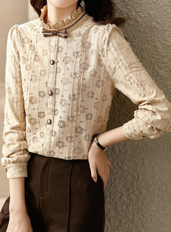 Distored Selvedge Mockneck Printed Long Sleeve Blouses For Women