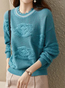 Comfort Crew Neck Flower Decor Solid Color Sweaters For Women