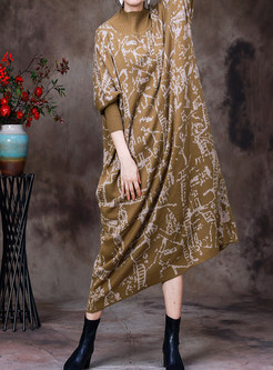 Comfort High Neck Intarsia Knitted Long Sleeve Dresses