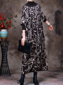 Comfort High Neck Intarsia Knitted Long Sleeve Dresses