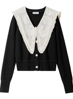 Large Lapels Embroidered Contrasting Knitted Jumper