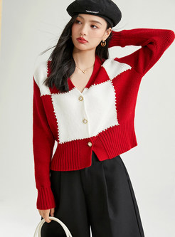 V-Neck Color-Blocked Cropped Open Front Knitted For Women
