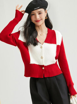V-Neck Color-Blocked Cropped Open Front Knitted For Women