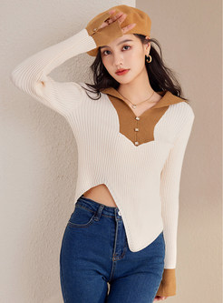 Womens Pretty Irregular Color Contrast Knitted Jumper