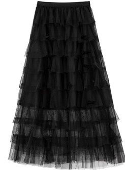 Women Elegant Bow-Embellished Mesh Tiered Ruffle Skirts