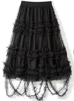 Fashion Mesh Fur-Trimmed Midi Skirts For Women