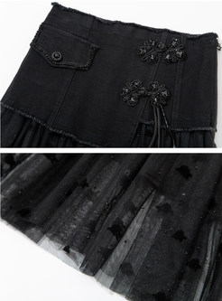 Vintage Denim Patch Irregular Midi Skirts For Women