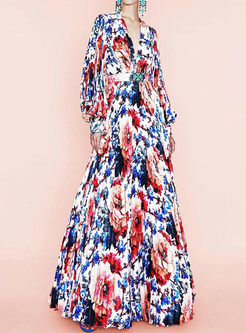 Boho Floral Print Deep V-Neck Long Sleeve Maxi Dresses