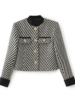 Mockneck Striped Metal Button Cropped Women's Coats
