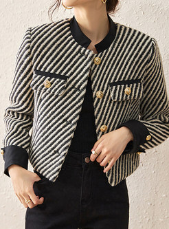 Mockneck Striped Metal Button Cropped Women's Coats